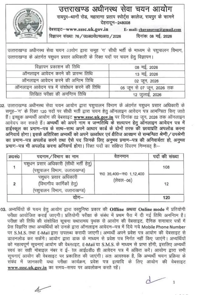 उत्तराखंड अधीनस्थ सेवा चयन आयोग द्वारा जारी पशुधन प्रसार अधिकारी भर्ती 2026 का आधिकारिक विज्ञापन