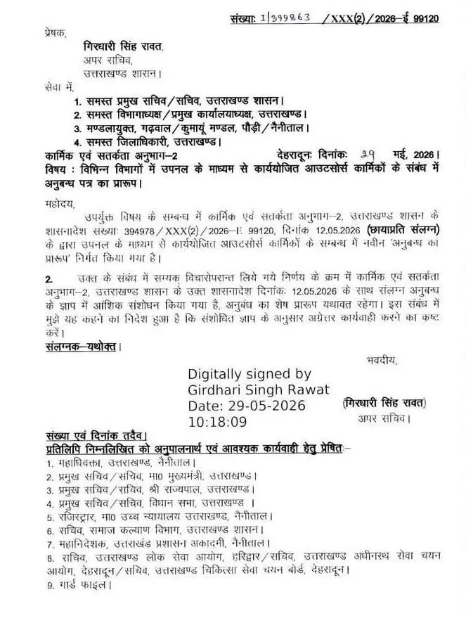 उत्तराखंड शासन द्वारा उपनल आउटसोर्स कर्मियों के अनुबंध पत्र में संशोधन को लेकर जारी आधिकारिक शासनादेश
