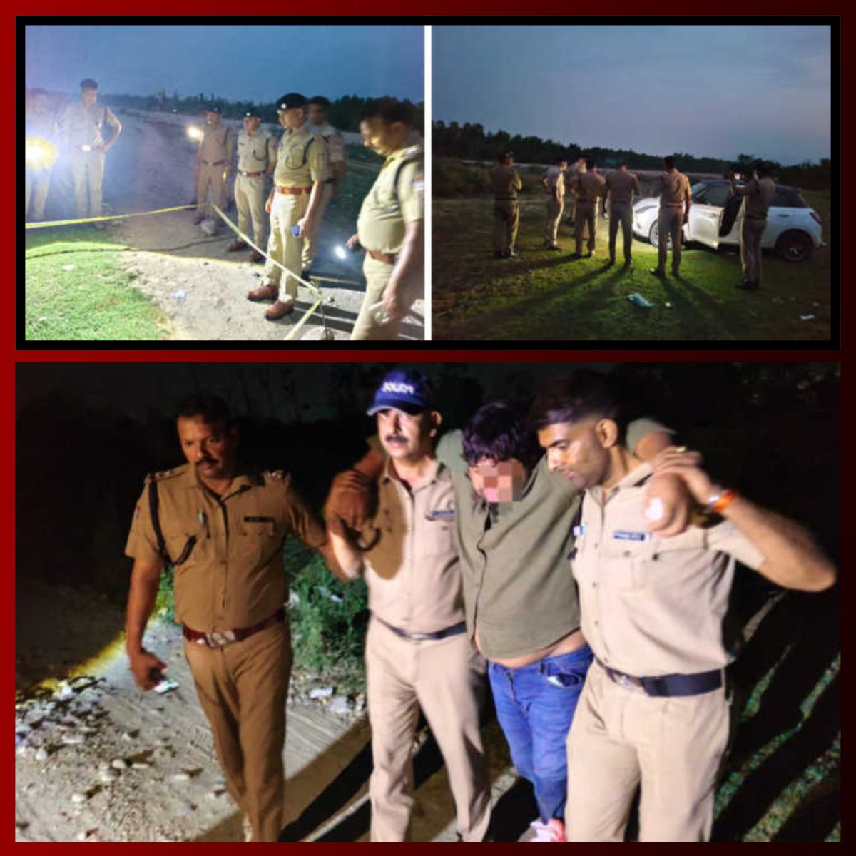 देहरादून के नयागांव में पटेलनगर पुलिस मुठभेड़ के बाद जांच करते एसपी सिटी और बरामद स्विफ्ट कार