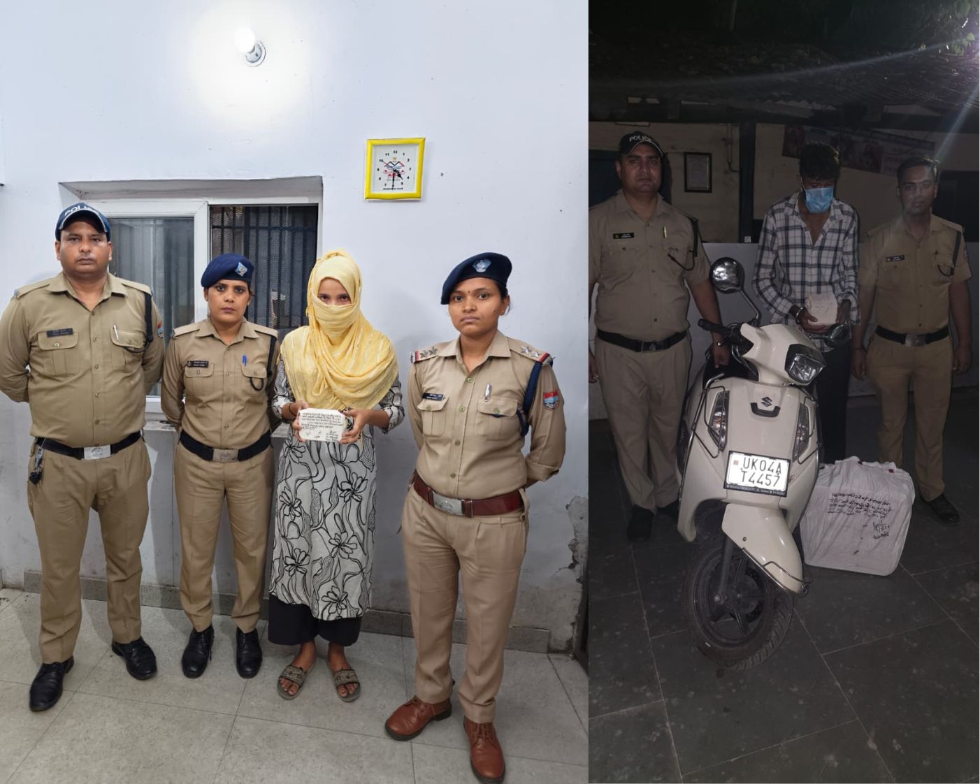 बनभूलपुरा थाना पुलिस की गिरफ्त में स्मैक और अवैध शराब के साथ खड़े दोनों तस्कर और बरामद स्कूटी