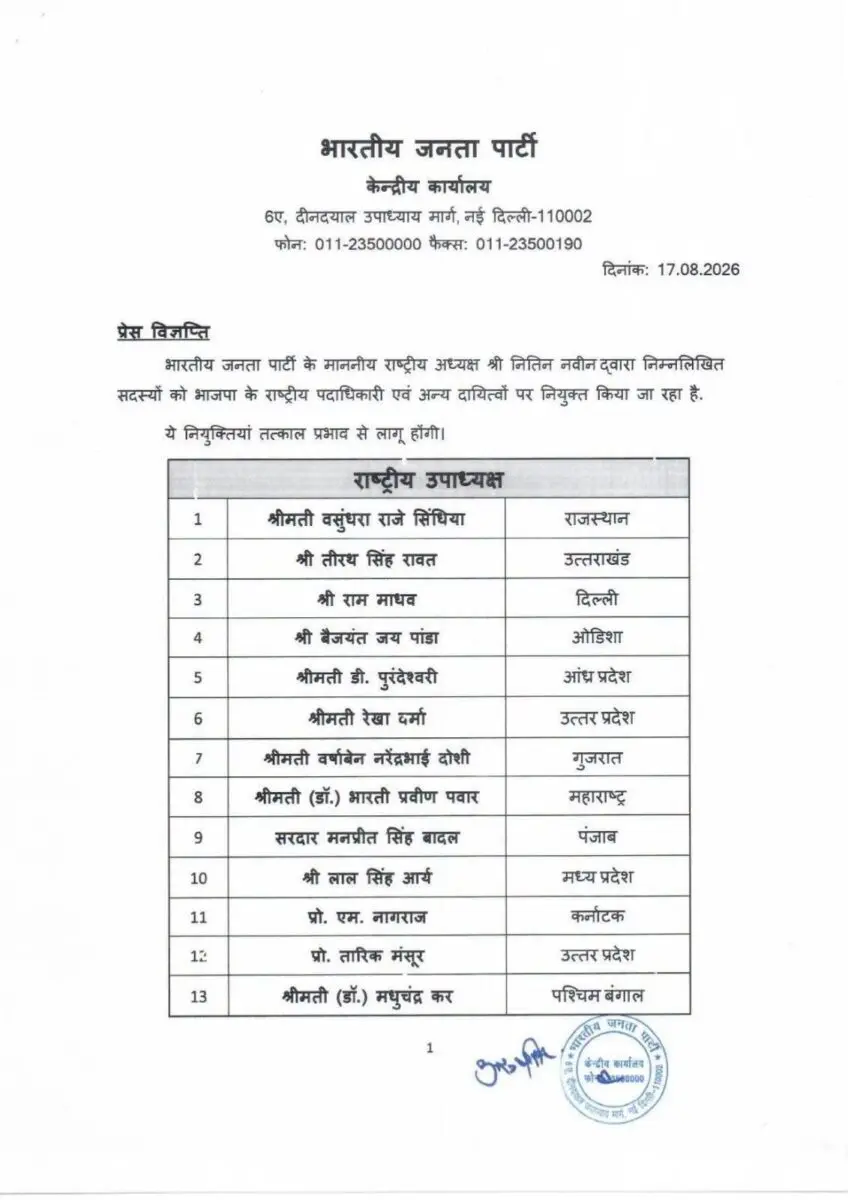 BJP Press Release Announcing 13 National Vice Presidents Including Tirath Singh Rawat