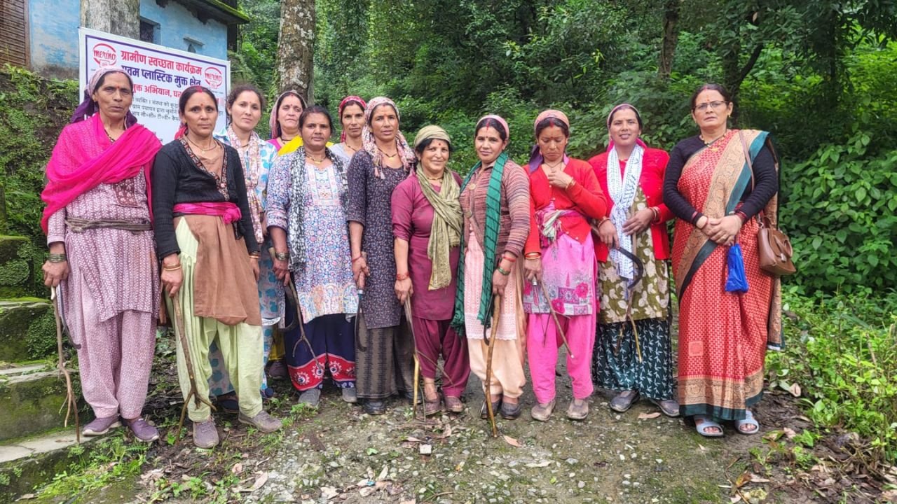 Women and School Children Participating in Jangaliya Gaon Cleanliness Drive Nainital