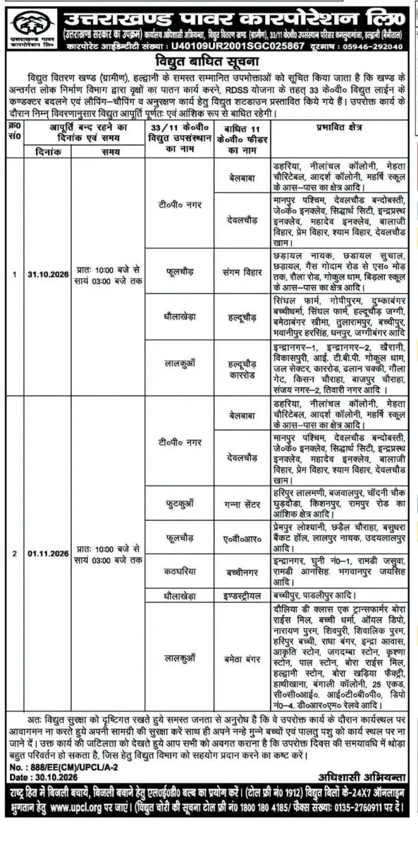 Uttarakhand Utility Concept Representing UPCL Power Shutdown Notice and Maintenance in Haldwani Rural