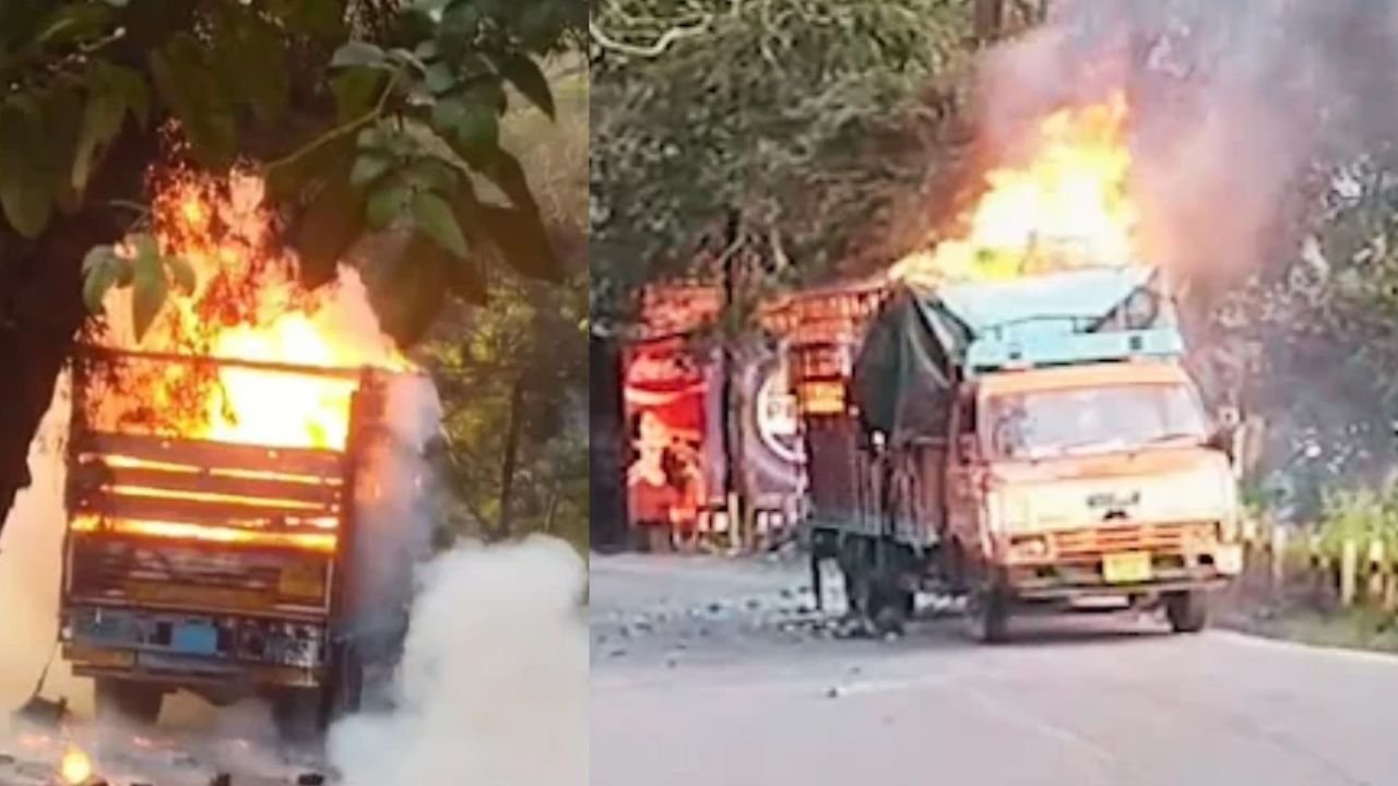 Uttarakhand Accident Concept Representing Truck Fire and Firecracker Blasts on Haldwani Nainital Highway near Jyolikot