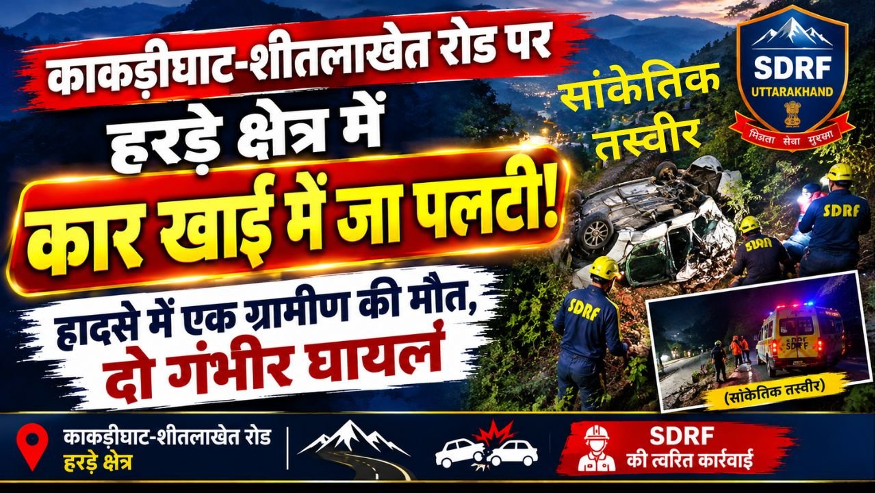 Uttarakhand Accident Concept Representing Car Fall in Gorge and SDRF Rescue on Kakrighat Sheetalkhet Road