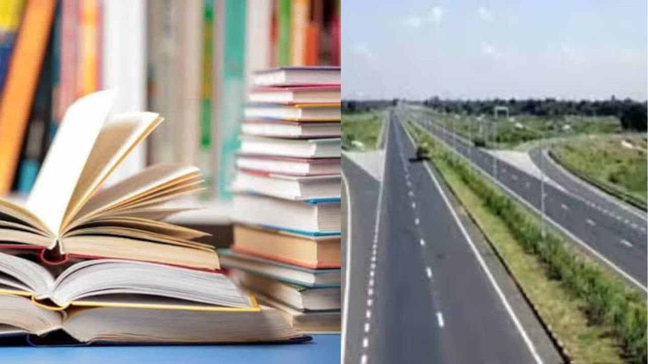 Uttarakhand Development Concept Representing Free Textbooks, Road Construction, and Sports Complex Funding